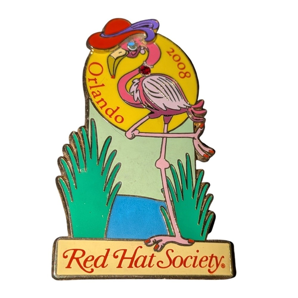 Red Hat Society Orlando 2008 Flamingo Enamel Pin Rhinestone Pink Gold Tone Retro